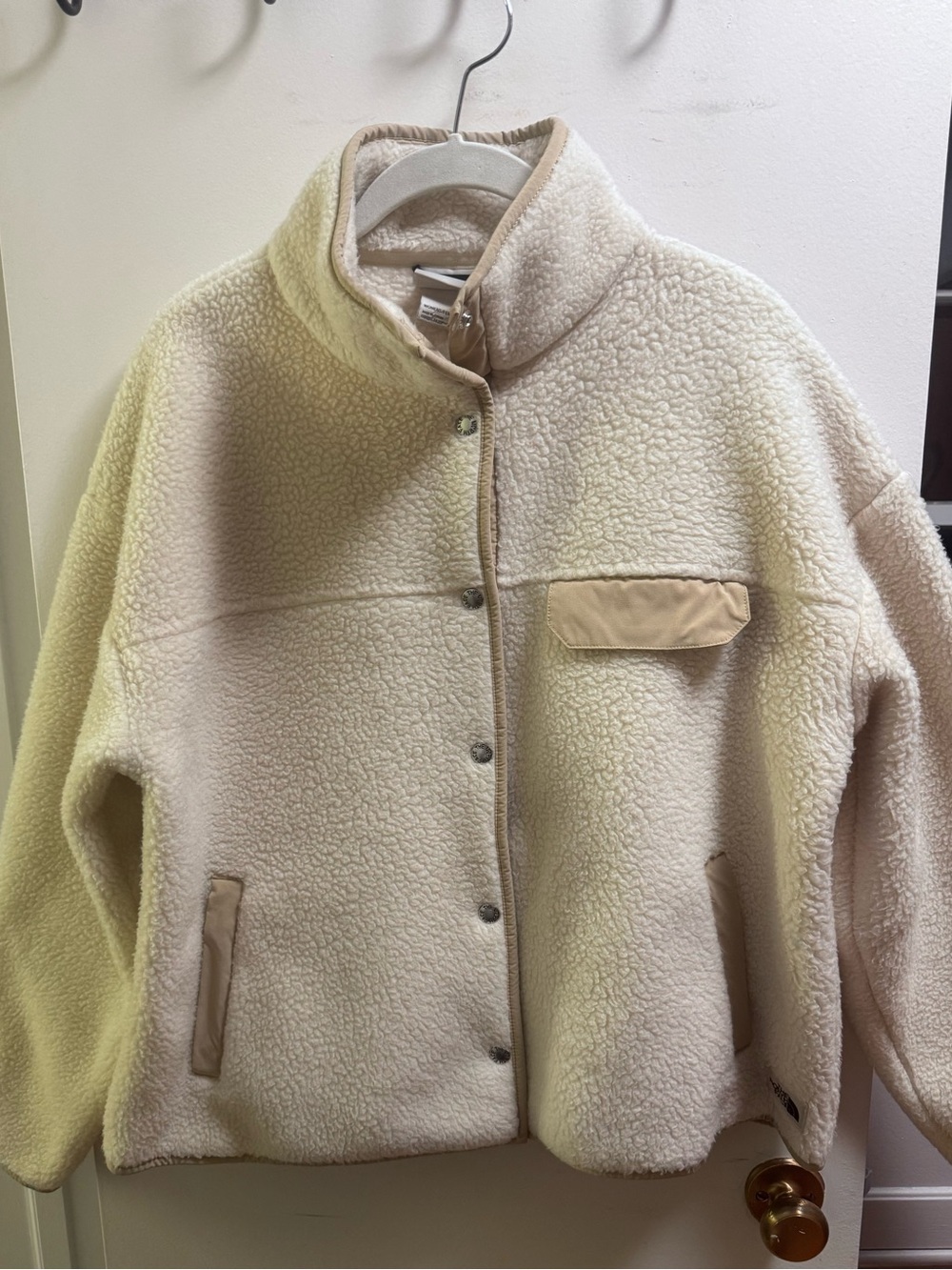 The North Face Cream Sherpa Snap Jacket with Tan Trim